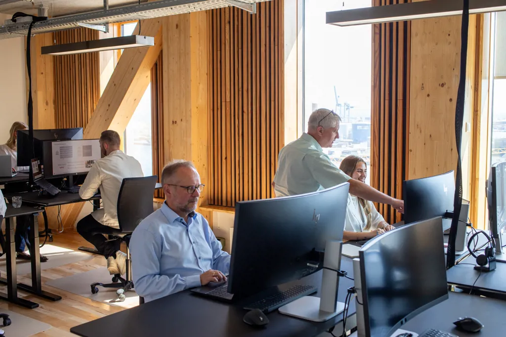Krone Kapital kollegaer vejleder hinanden på kontoret i TRÆ.