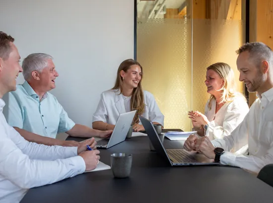 Fem kollegaer holder møde om leasing i et af mødelokalerne på kontoret.