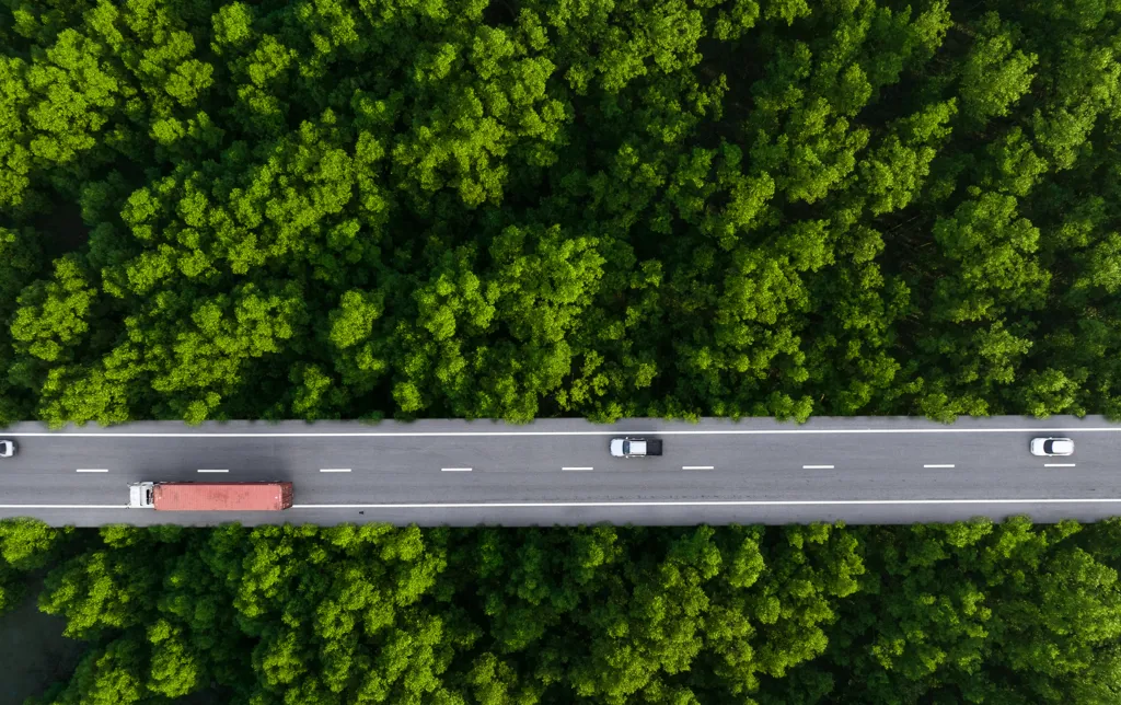Billede taget fra luften med en vej igennem en skov, hvor der kører en lastbil.